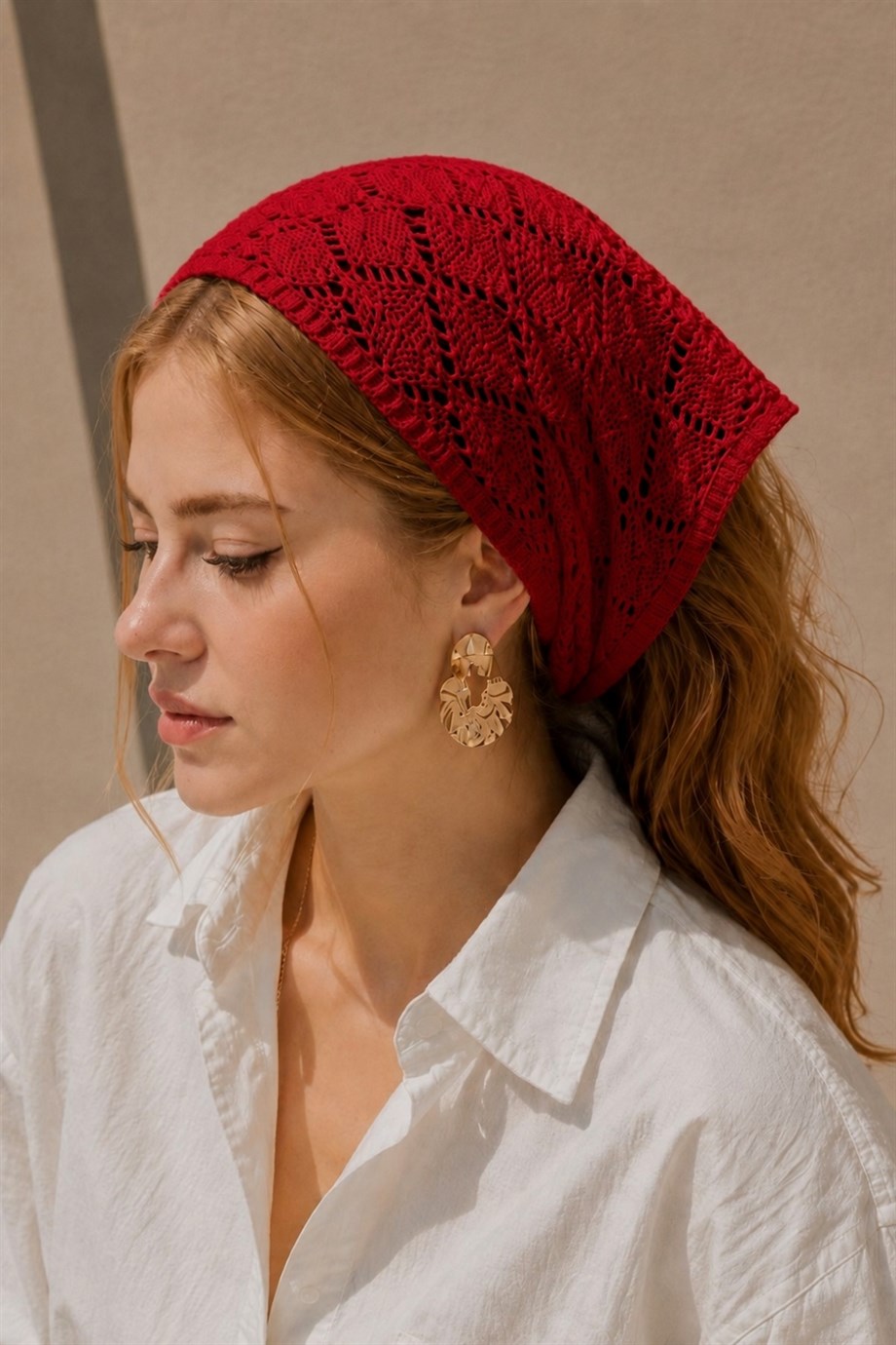 Kadın Pamuklu Yumuşak Dokulu Delikli Triko Bandana 7011 Kırmızı