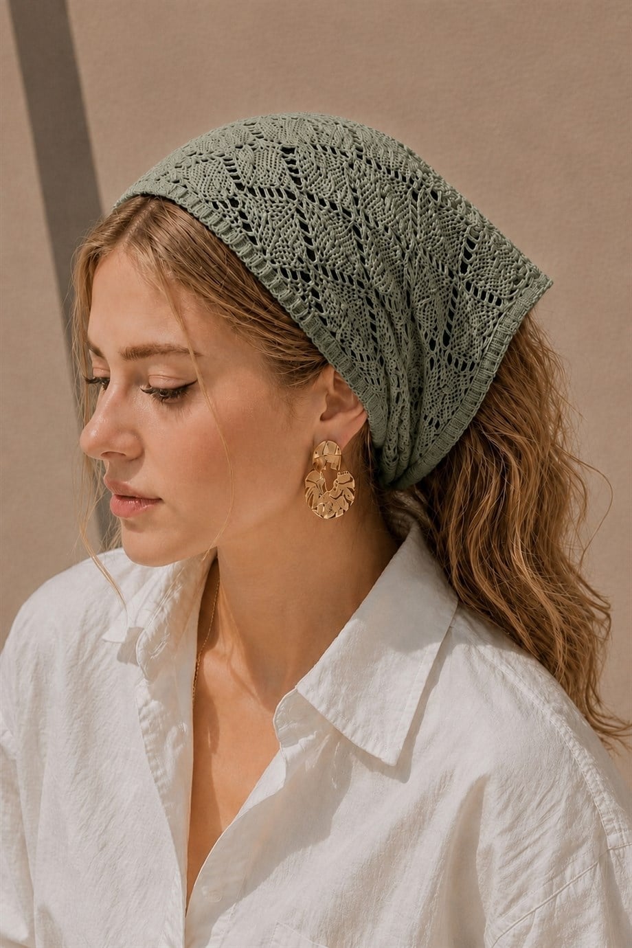 Kadın Pamuklu Yumuşak Dokulu Delikli Triko Bandana 7011 Haki