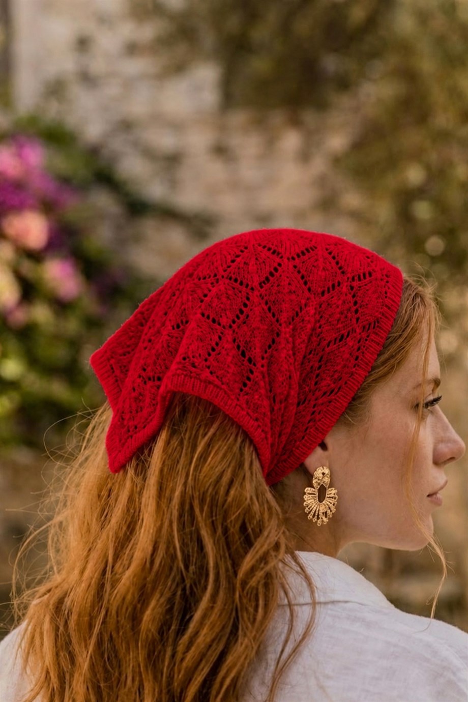 Kadın Pamuklu Yumuşak Dokulu Delikli Triko Bandana 7011 Kırmızı