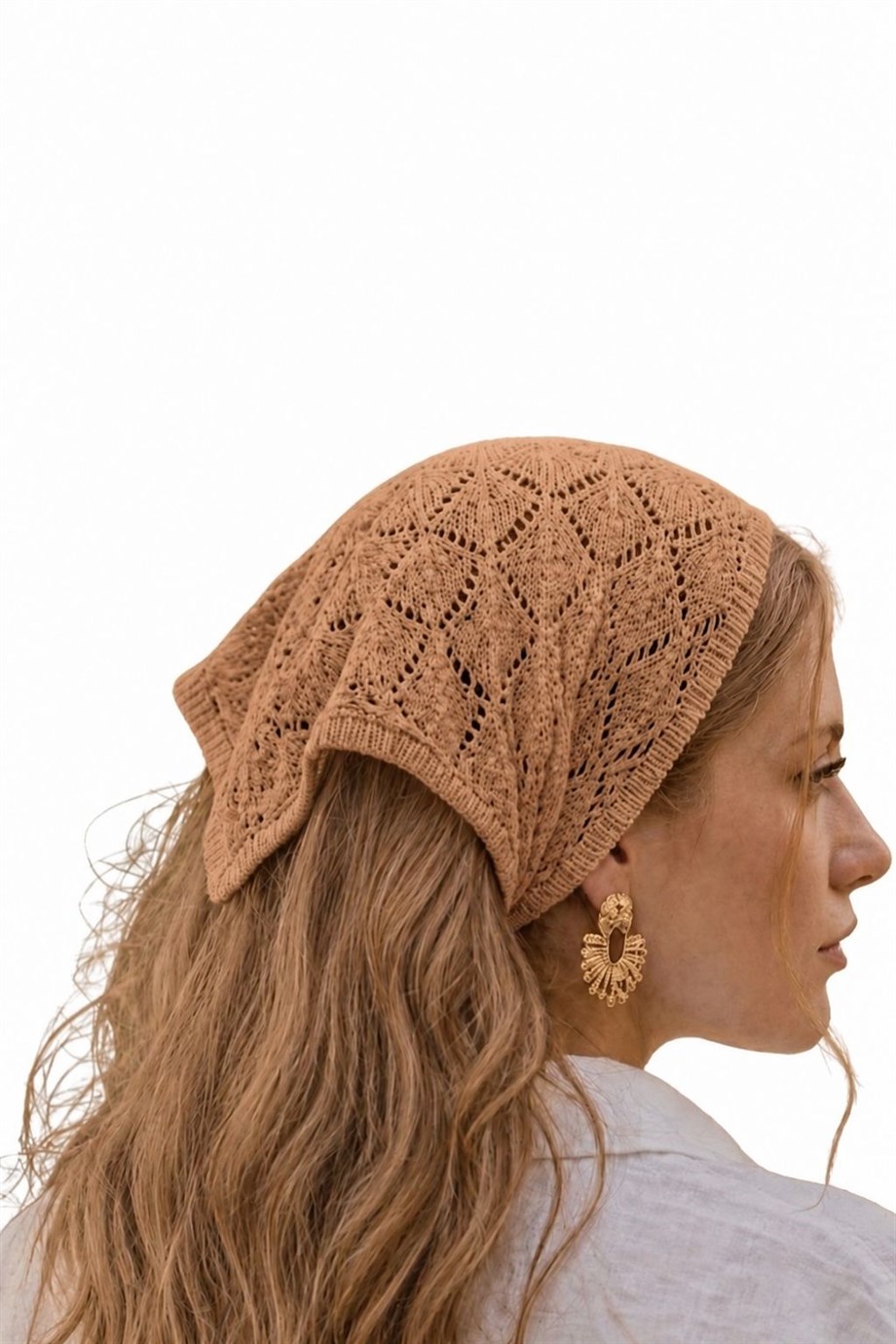 Kadın Pamuklu Yumuşak Dokulu Delikli Triko Bandana 7011 Camel