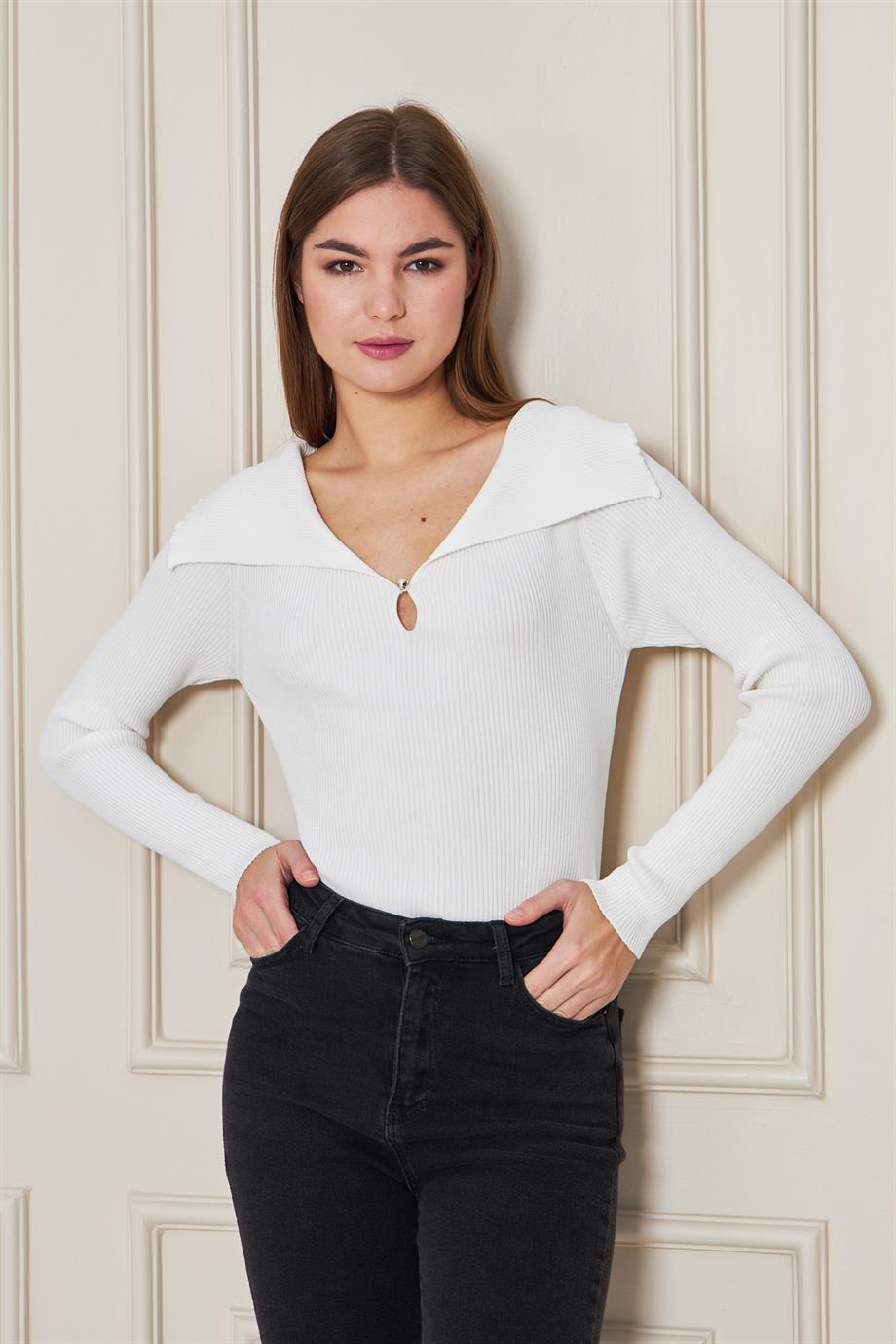 Kadın  Şal Yaka Fitilli Kazak 2906