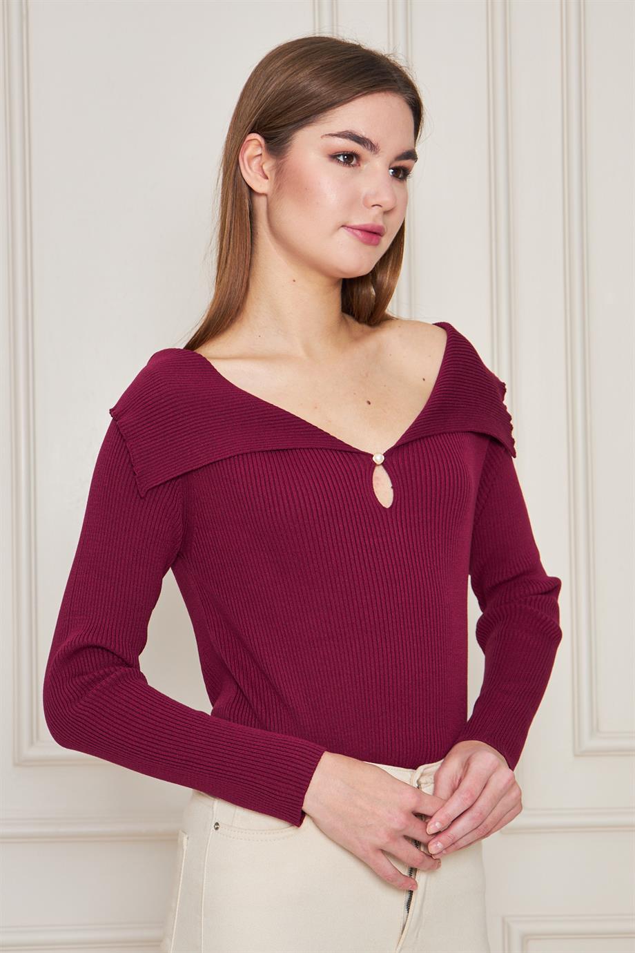 Kadın  Şal Yaka Fitilli Kazak 2906