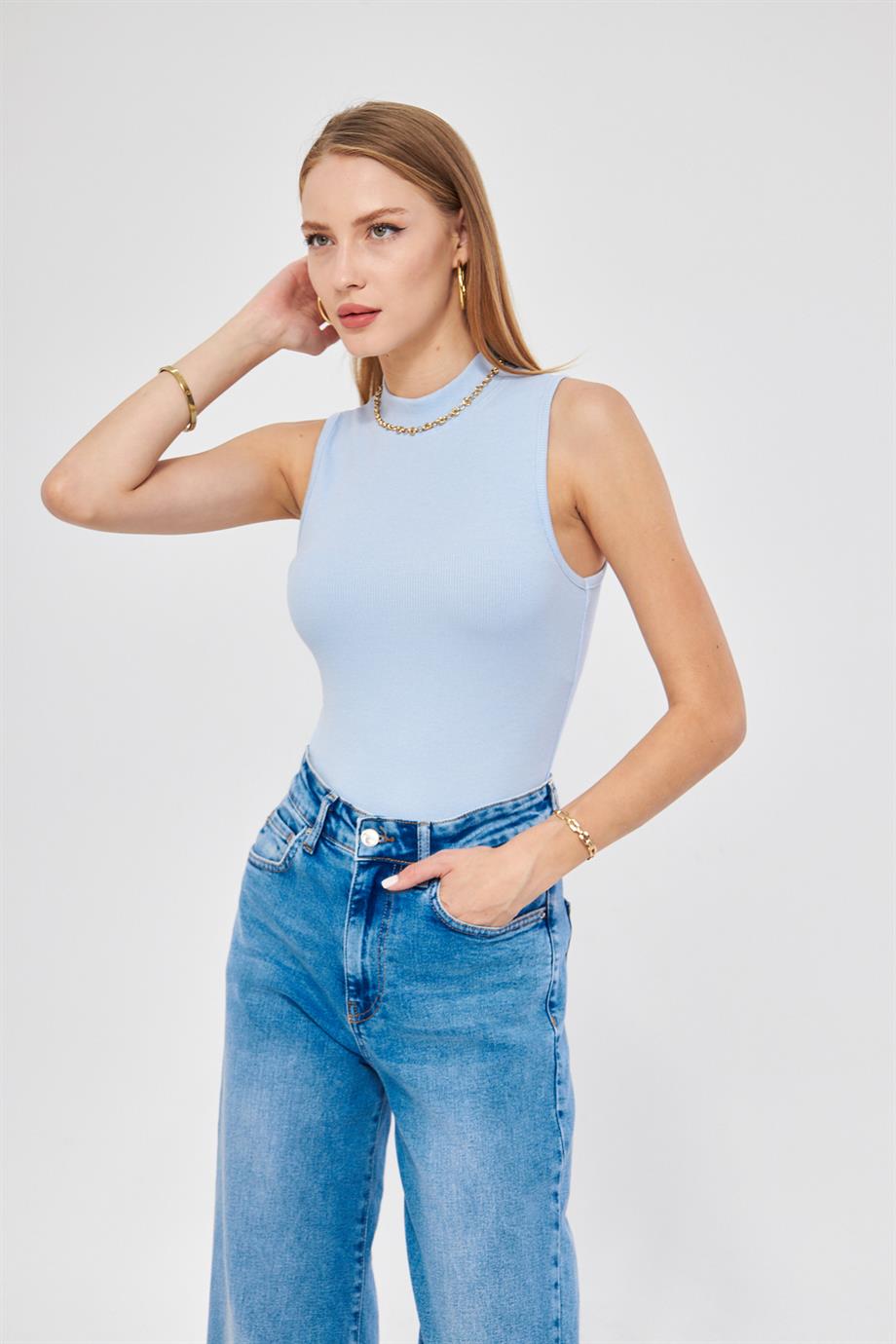 Kadın Sıfır Kol Fitilli Badi Coton Body 6027