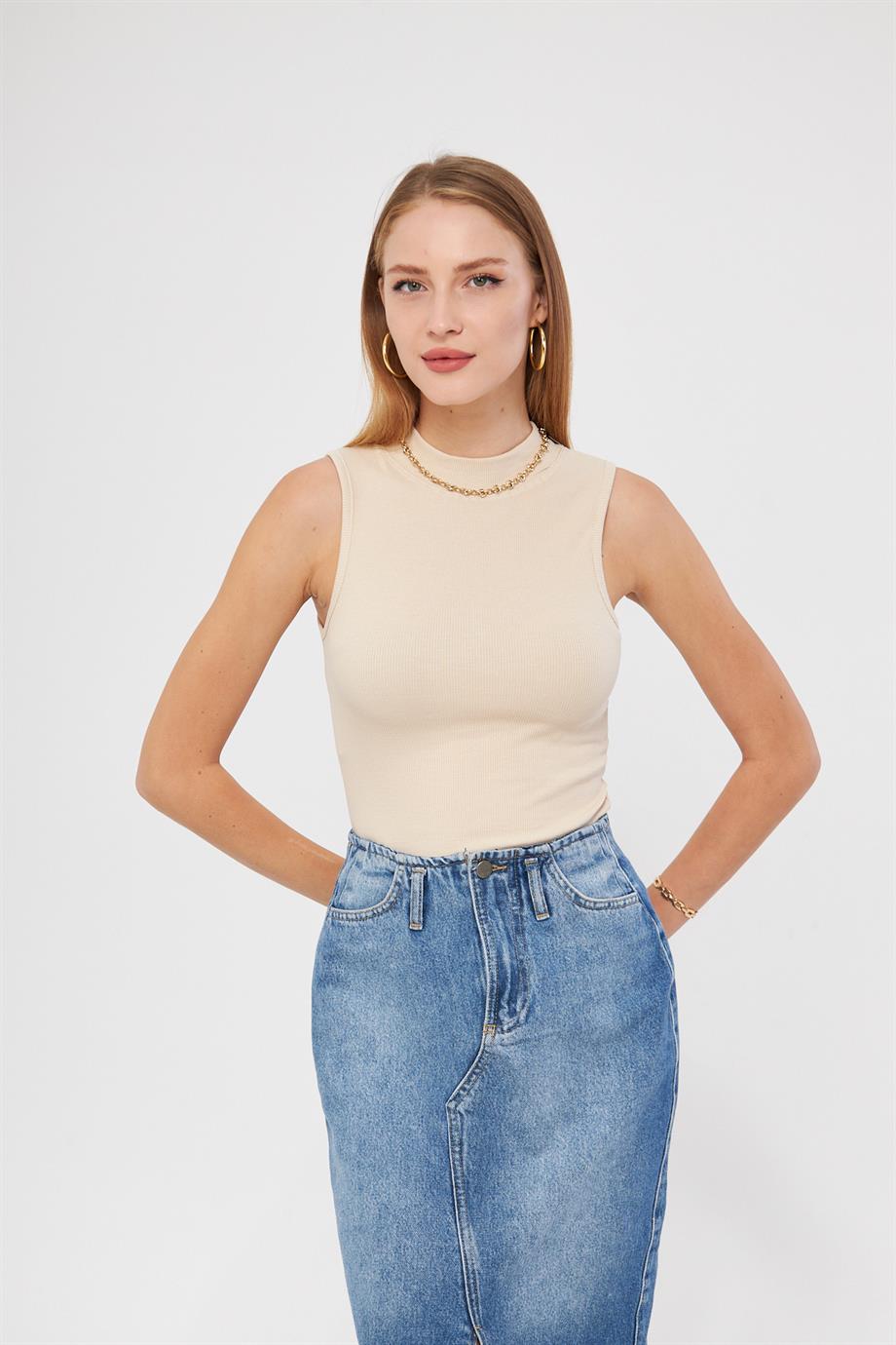 Kadın Sıfır Kol Fitilli Badi Coton Body 6027