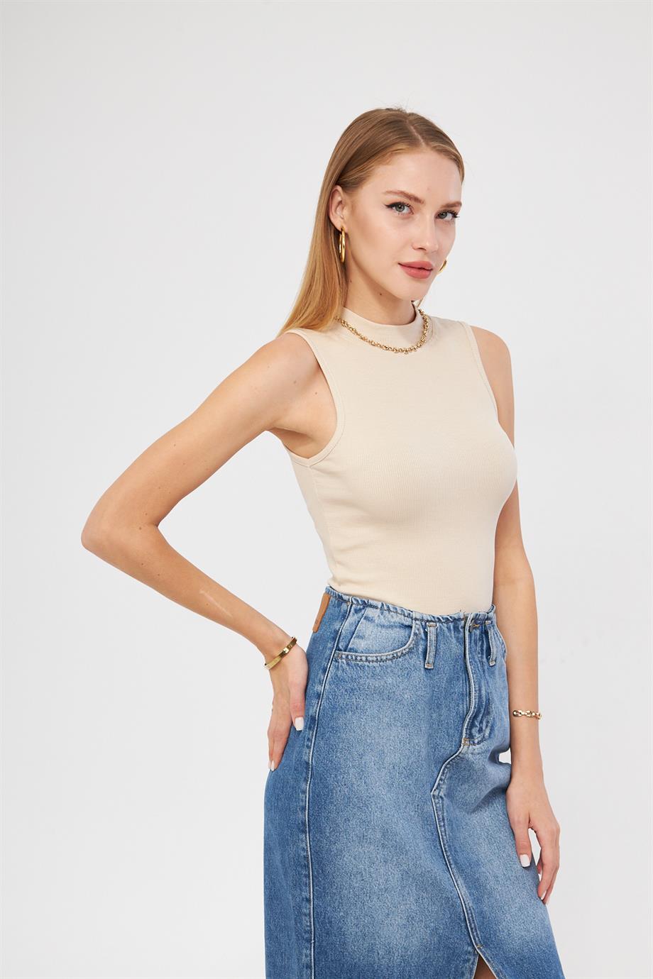 Kadın Sıfır Kol Fitilli Badi Coton Body 6027