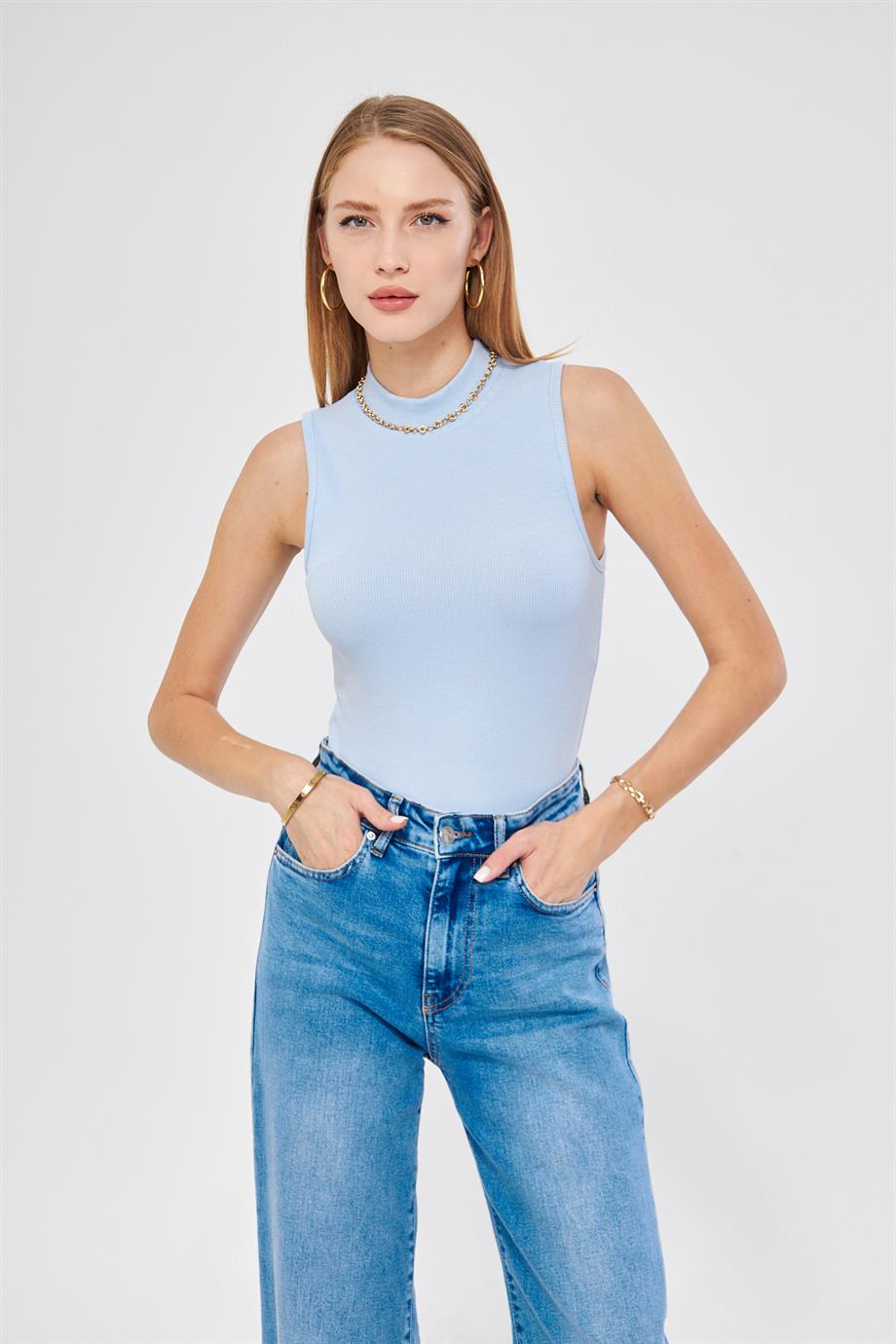 Kadın Sıfır Kol Fitilli Badi Coton Body 6027