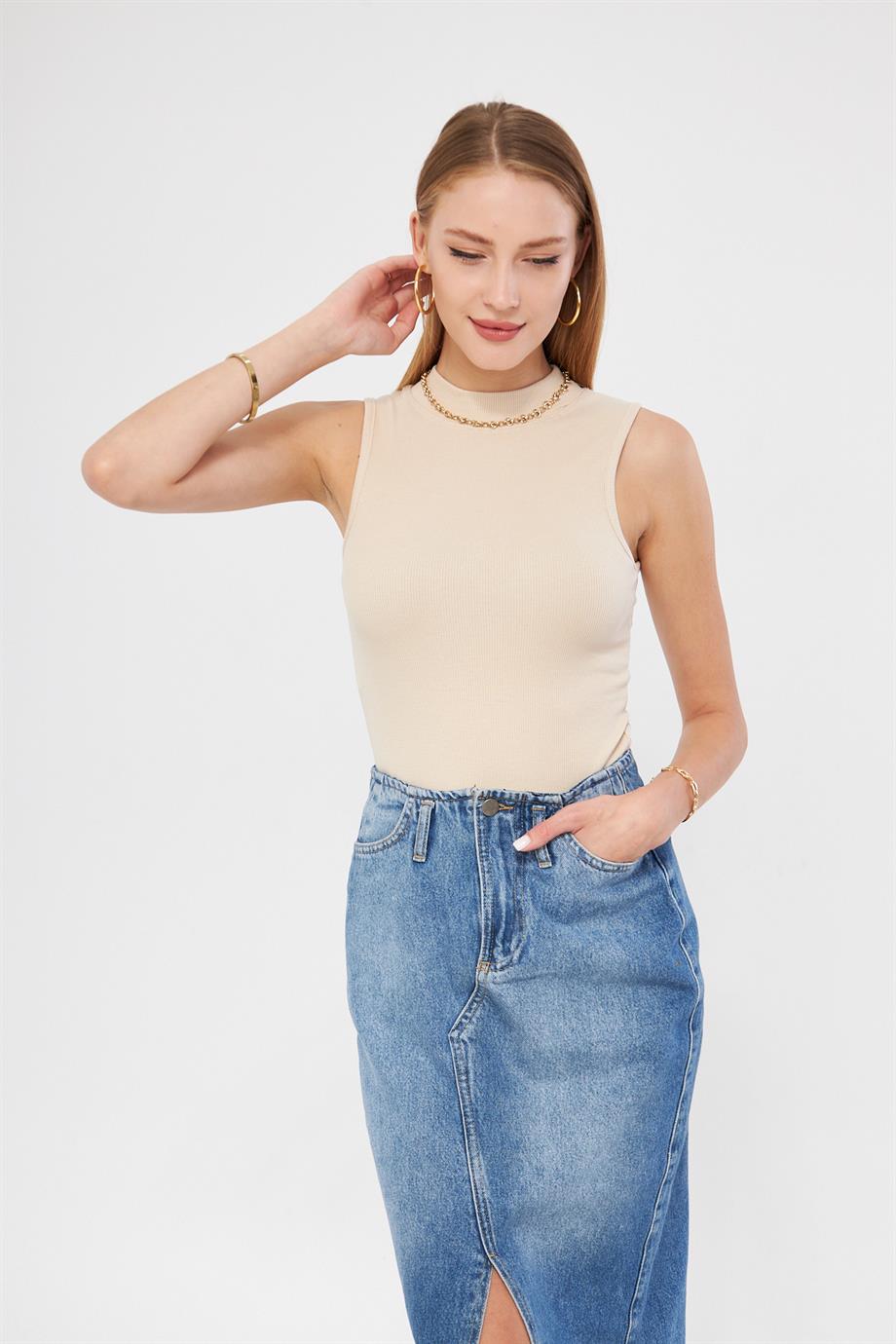 Kadın Sıfır Kol Fitilli Badi Coton Body 6027