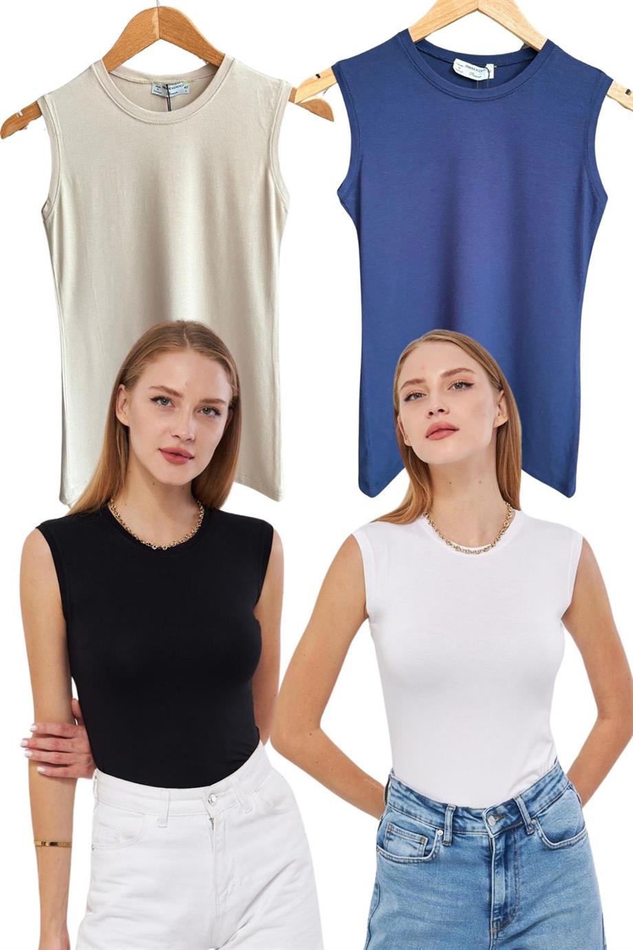 Kadın  Siyah  Beyaz  Lacivert  Bej  4'lü Kolsuz Body