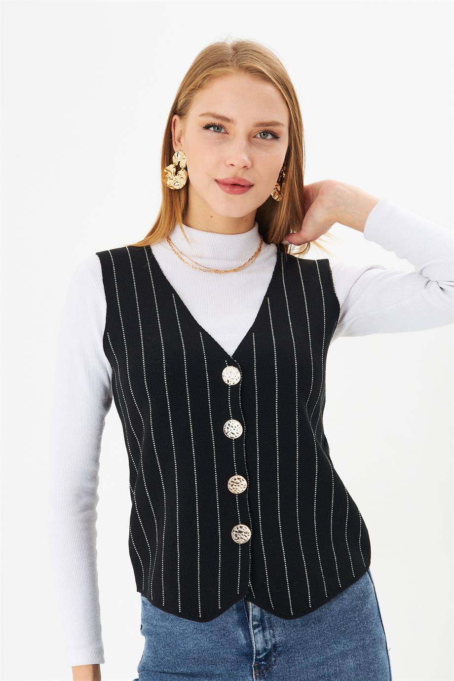 Kadın V Yaka Çizgili Düğmeli Triko Yelek Kadın Yelek 24Y1010