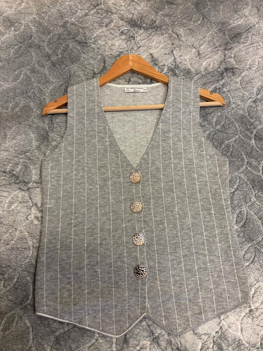 Kadın V Yaka Çizgili Düğmeli Triko Yelek Kadın Yelek 24Y1010