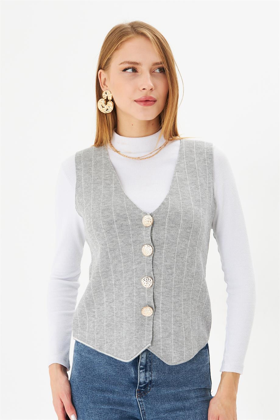 Kadın V Yaka Çizgili Düğmeli Triko Yelek Kadın Yelek 24Y1010