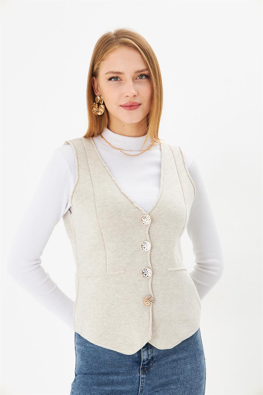Kadın V yaka Düğmeli Triko Yelek 24YD1500