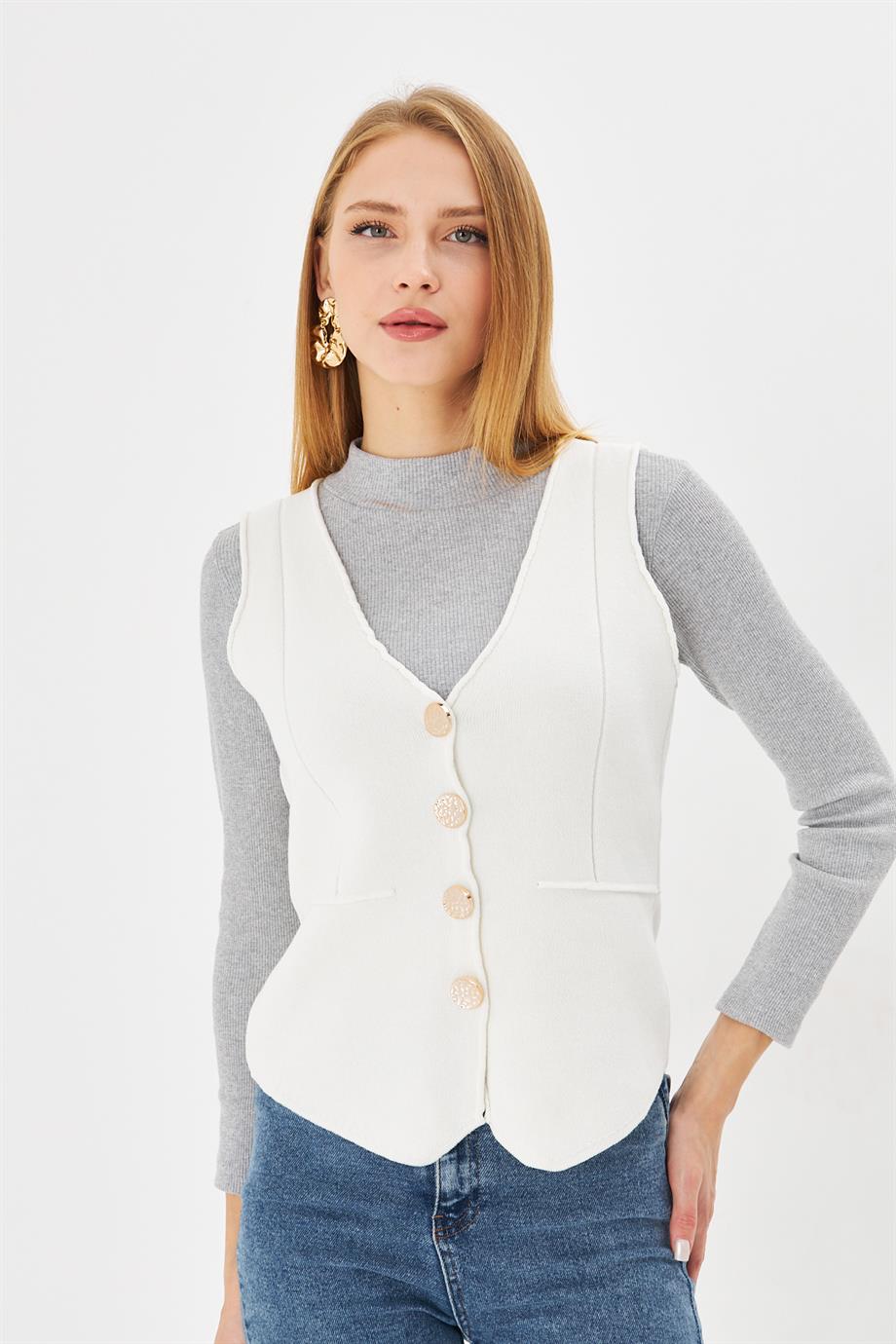 Kadın V yaka Düğmeli Triko Yelek 24YD1500