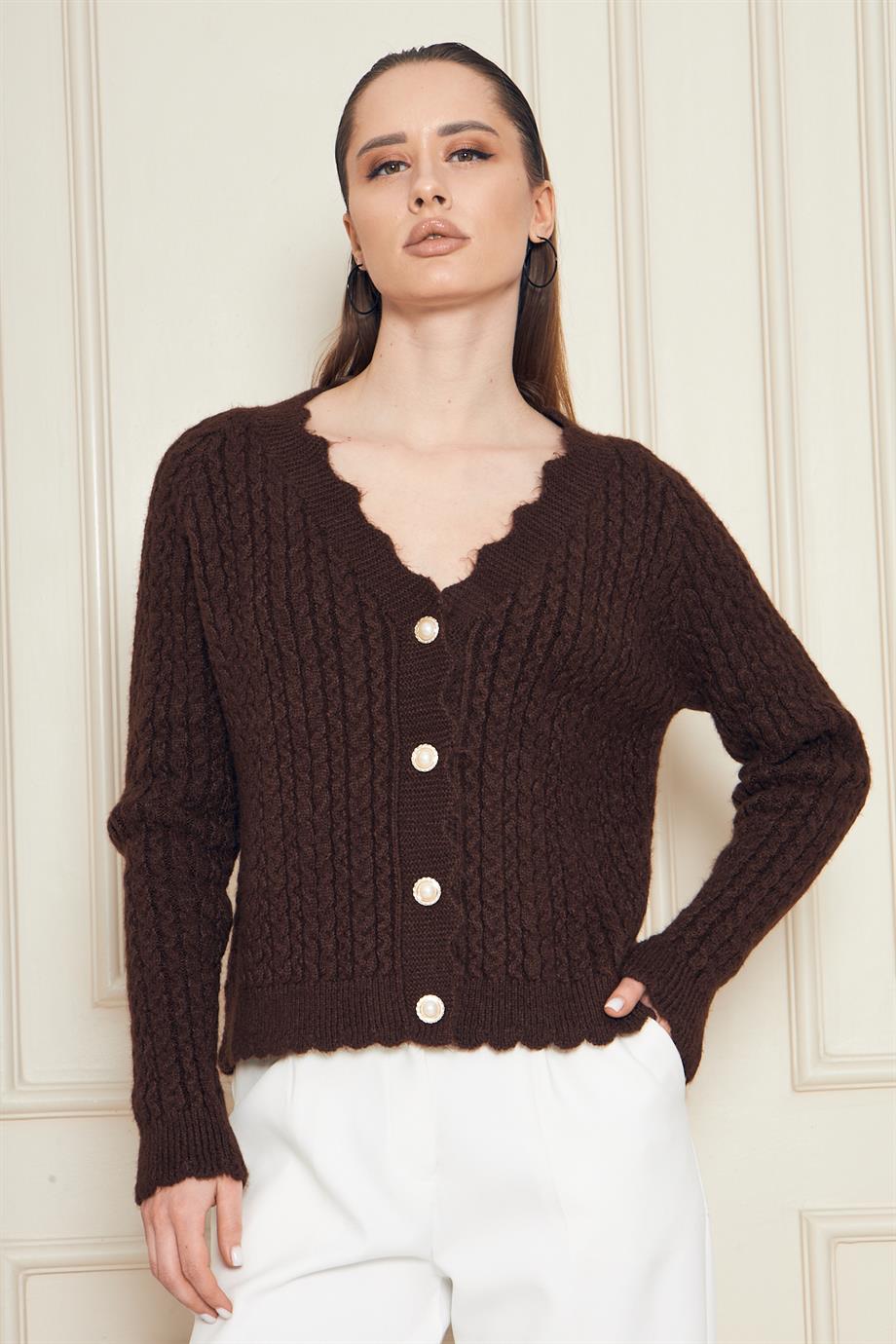 Kadın V Yaka İnci Düğmeli Yumuşak Dokulu Saç Örgü Triko Hırka 70917