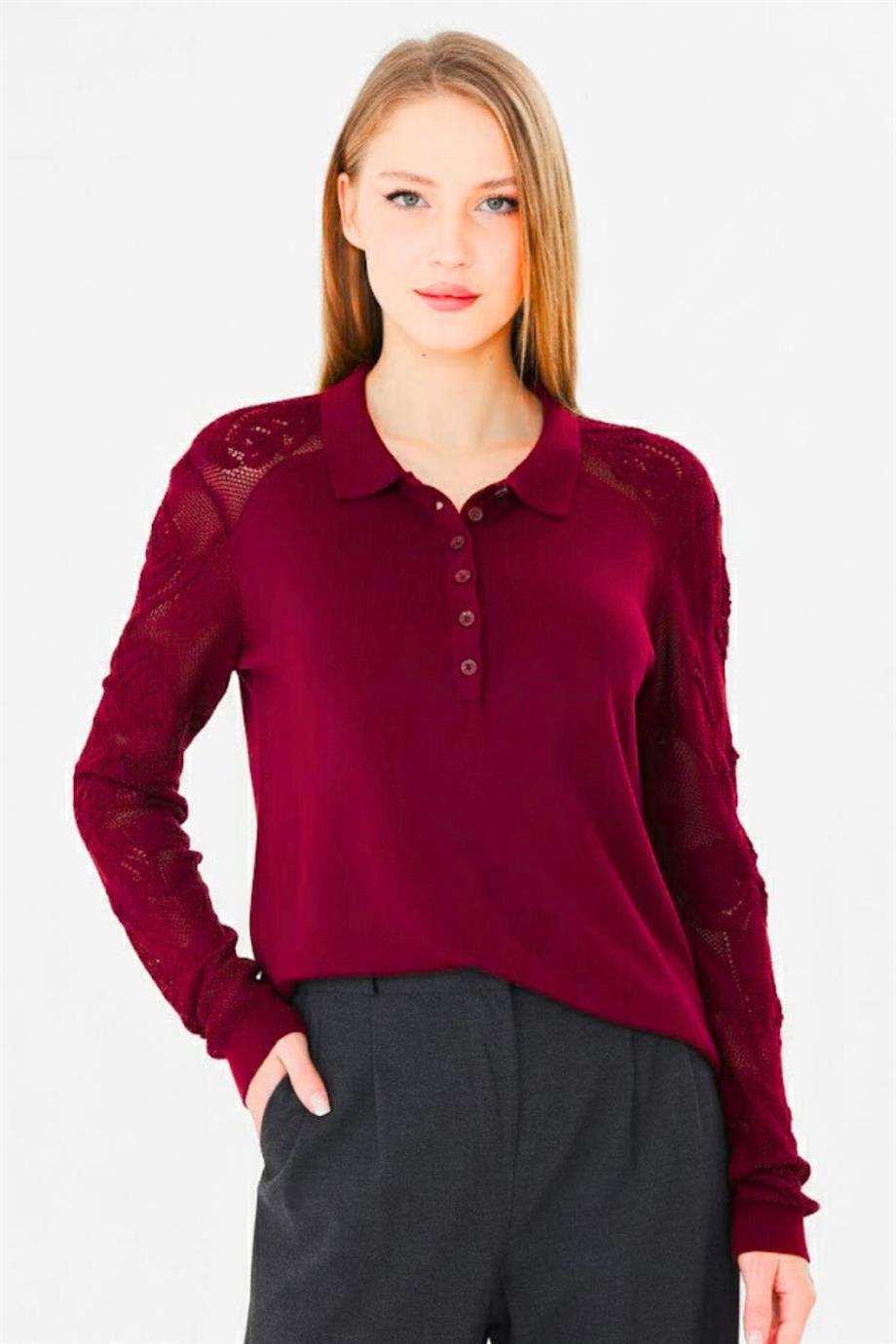 Kadın Yumuşak Dokulu Gül Desenli Dantel Örgü Polo Yaka Triko Bluz 953 Bordo