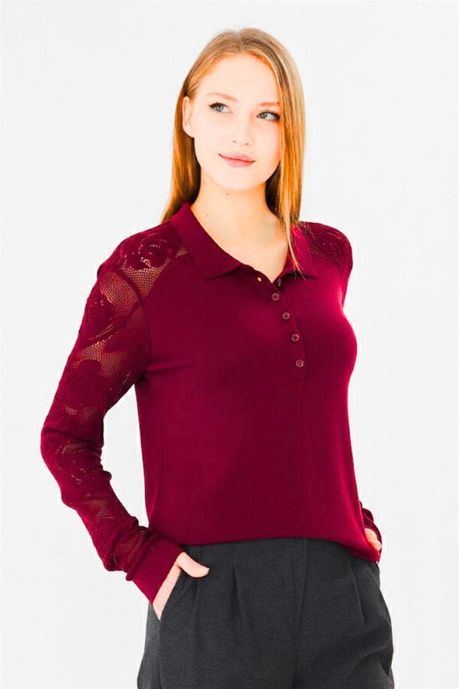 Kadın Yumuşak Dokulu Gül Desenli Dantel Örgü Polo Yaka Triko Bluz 953 Bordo