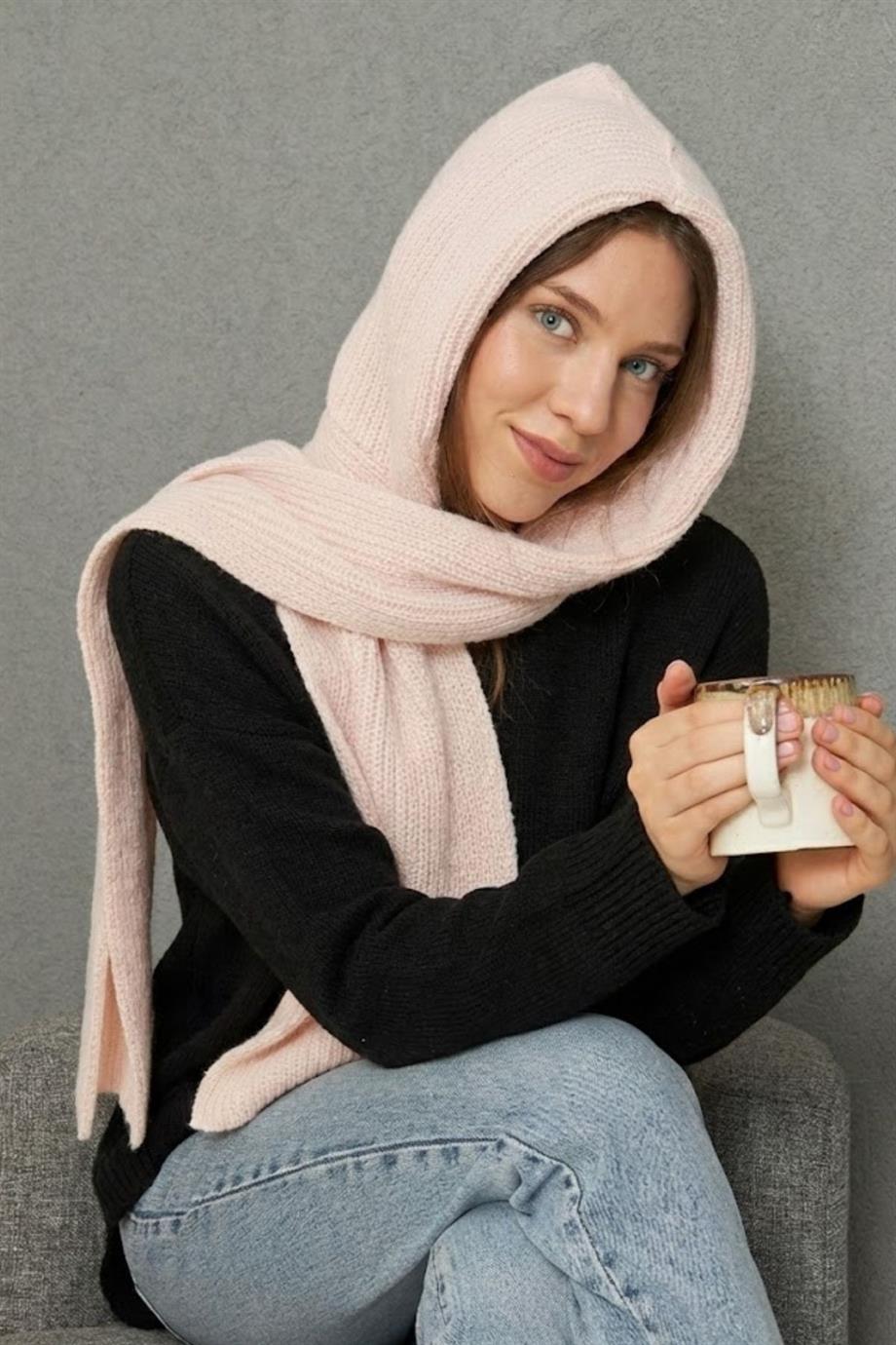 Kadın Yumuşak Dokulu Kapşonlu Atkı Selanik Örgü Kapşonlu Şal 13038 Pembe