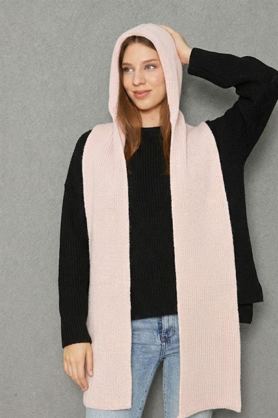 Kadın Yumuşak Dokulu Kapşonlu Atkı Selanik Örgü Kapşonlu Şal 13038 Pembe