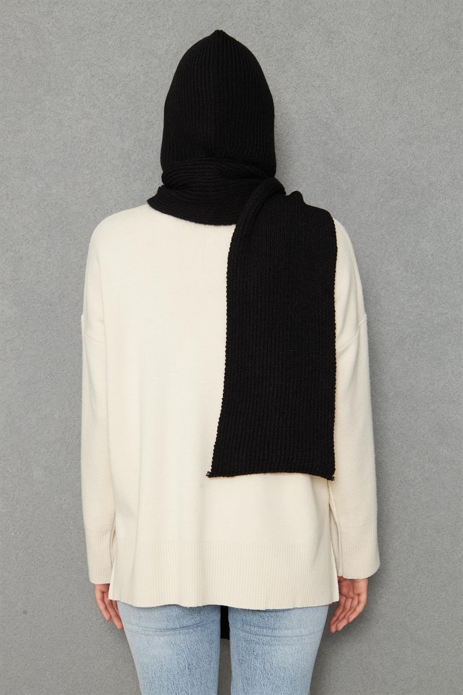 Kadın Yumuşak Dokulu Kapşonlu Atkı Selanik Örgü Kapşonlu Şal 13038 Siyah