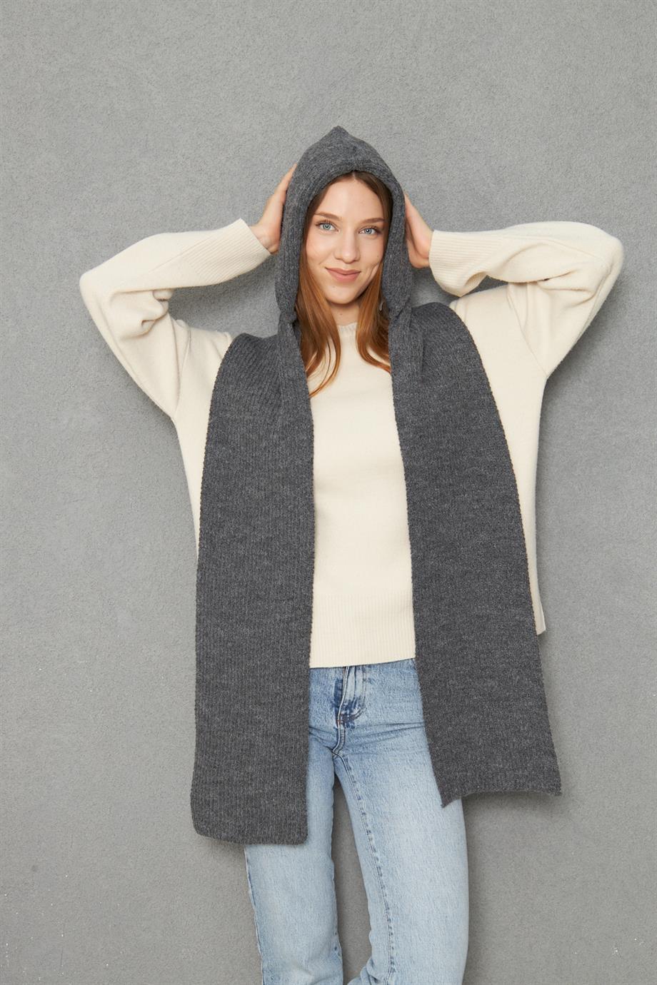 Kadın Yumuşak Dokulu Kapşonlu Atkı Selanik Örgü Kapşonlu Şal 13038 Antrasit