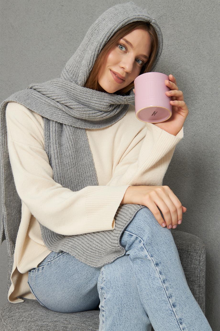 Kadın Yumuşak Dokulu Kapşonlu Atkı Selanik Örgü Kapşonlu Şal 13038 Gri