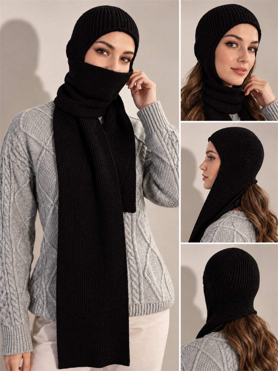 Kadın Yumuşak Dokulu Triko Atkılı Bere | Balaklava Atkı Bere 72109 Siyah