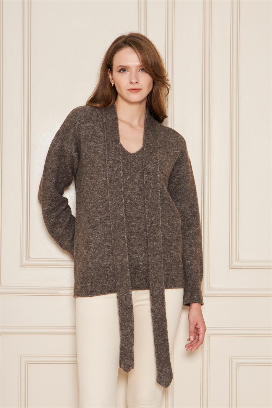 Kadın Yumuşak Dokulu V Yaka Oversize Yünlü Triko Kazak Atkı Takım 7141 Kahverengi