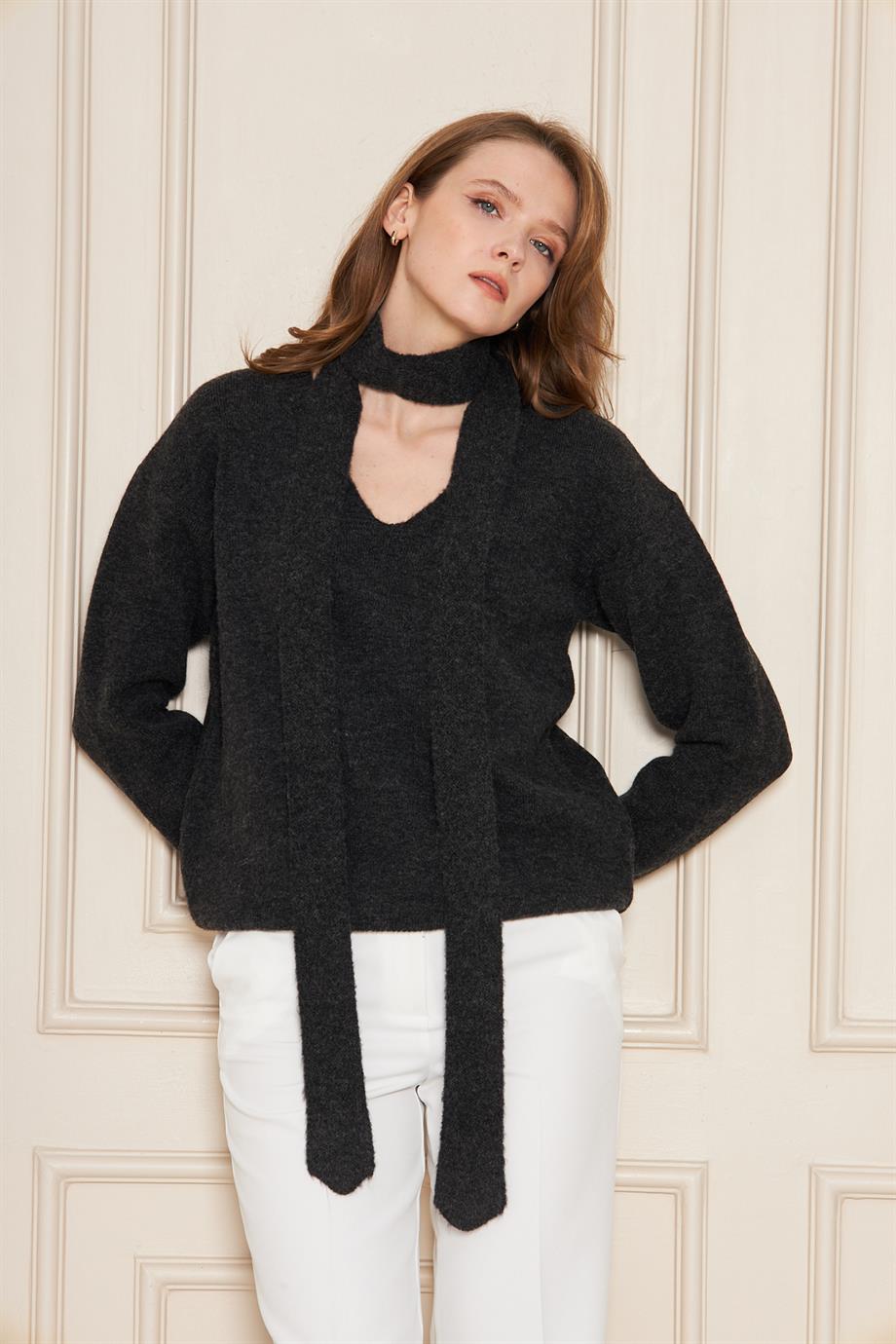 Kadın Yumuşak Dokulu V Yaka Oversize Yünlü Triko Kazak Atkı Takım 7141 Siyah