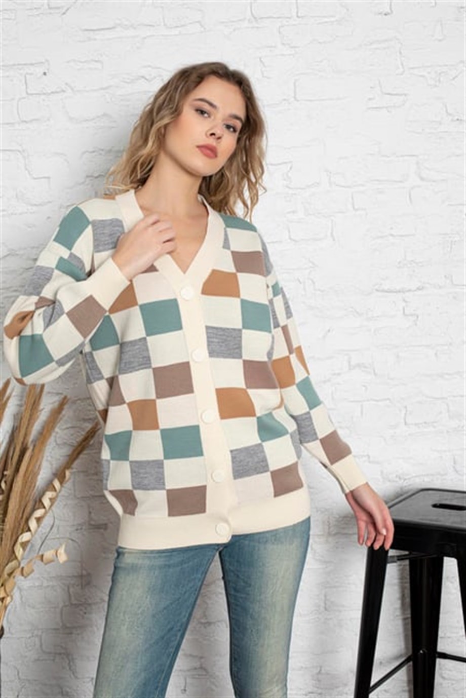 Kare Desenli Oversize Triko Hırka 1905 Krem