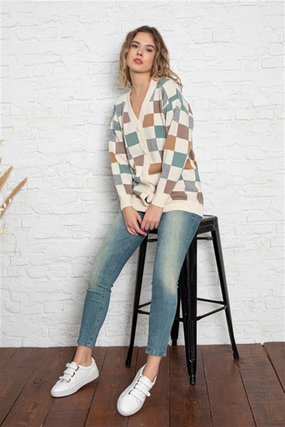 Kare Desenli Oversize Triko Hırka 1905 Krem