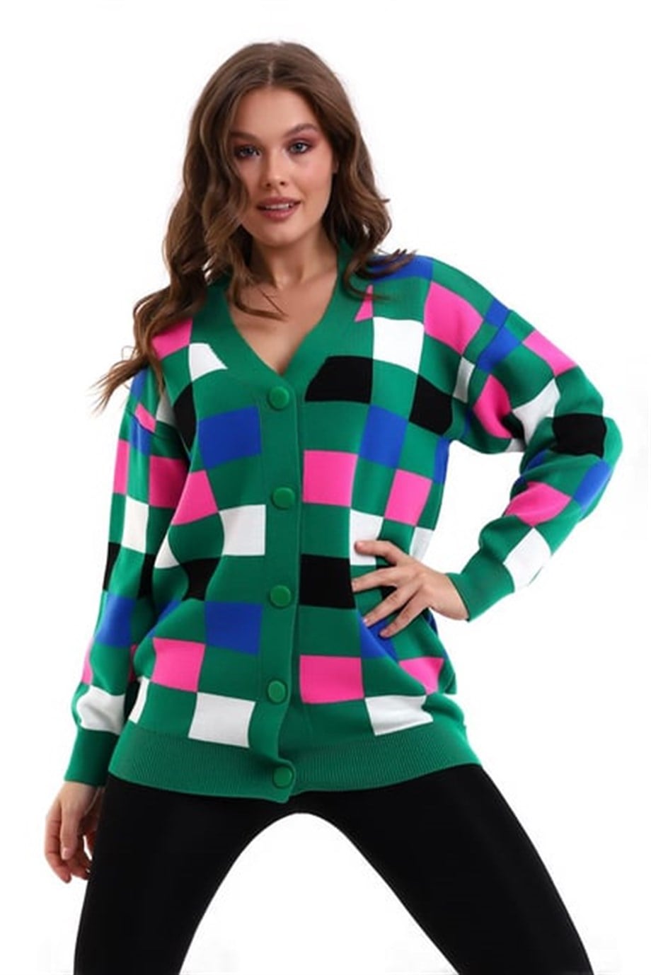 Kare Desenli Oversize Triko Hırka 1905 Yeşil