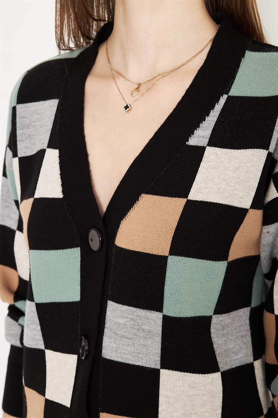 Kare Desenli Oversize Triko Hırka 1905