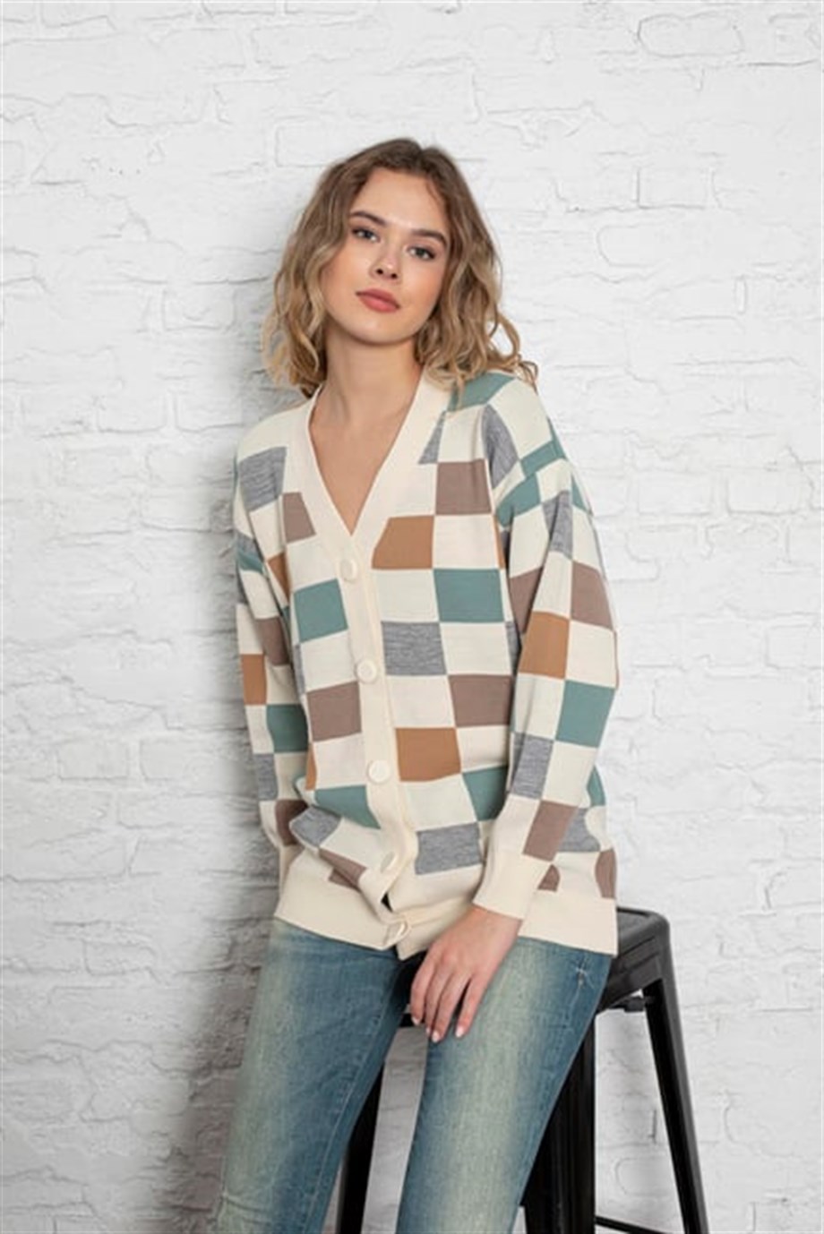 Kare Desenli Oversize Triko Hırka 1905 Krem