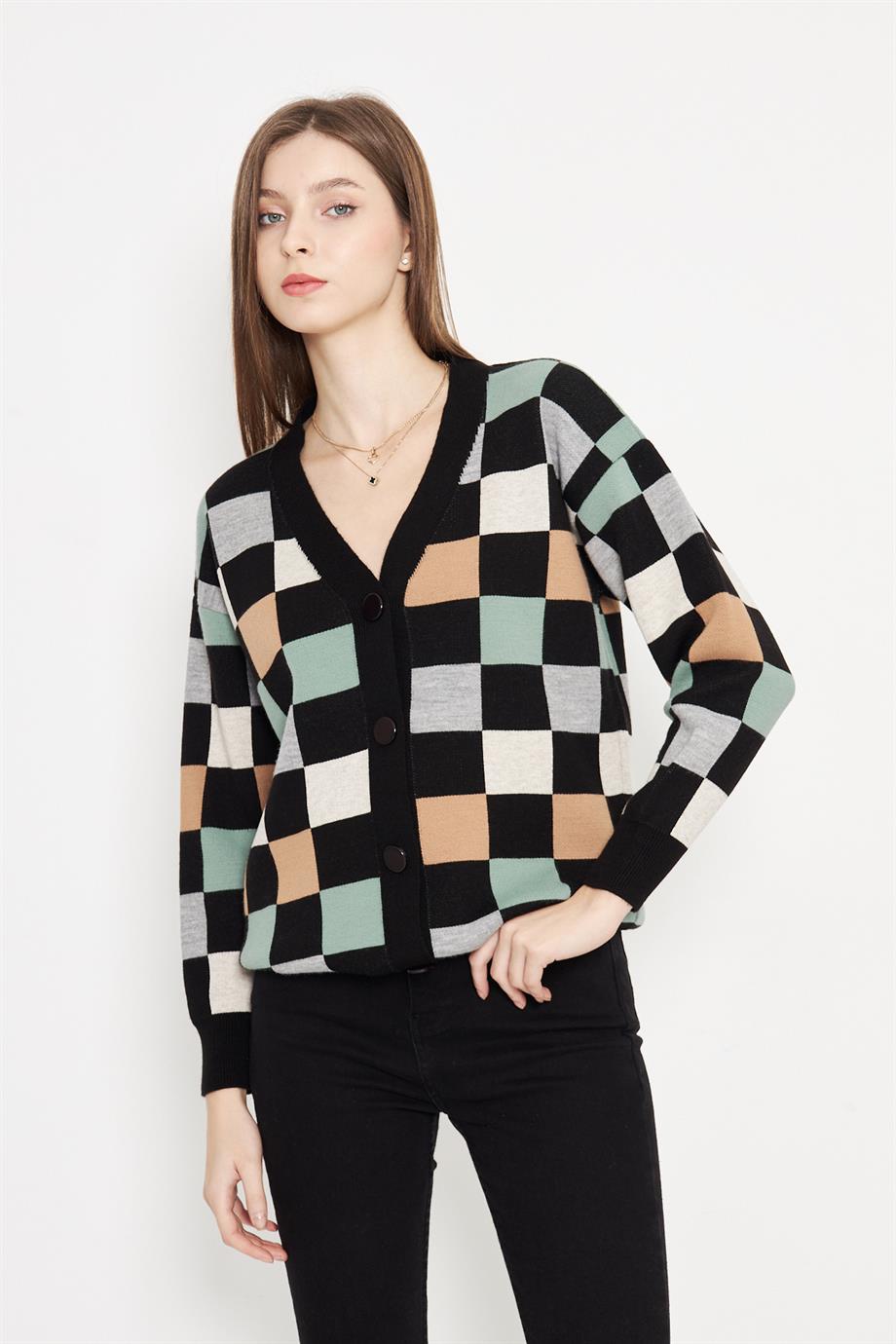 Kare Desenli Oversize Triko Hırka 1905