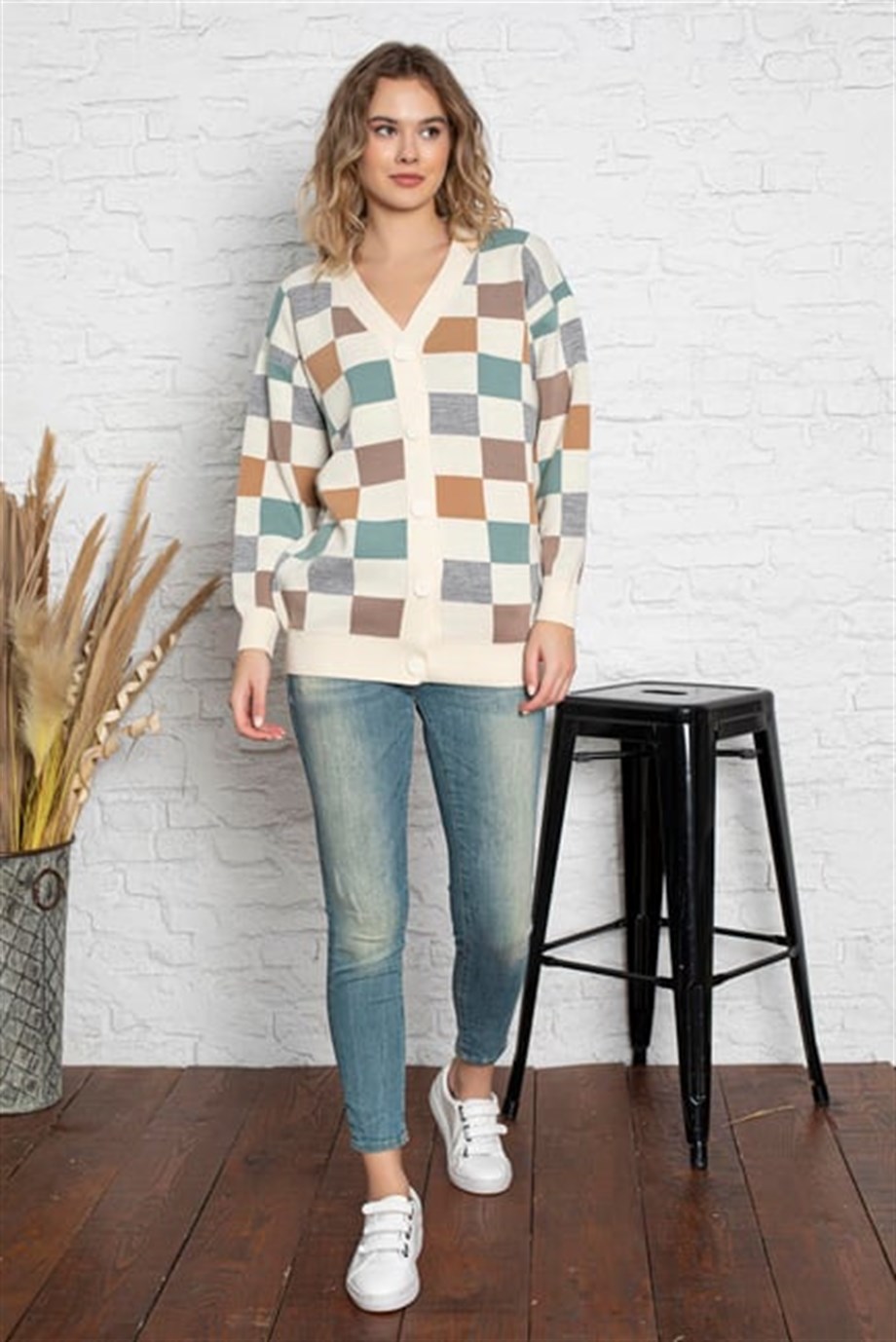 Kare Desenli Oversize Triko Hırka 1905 Krem