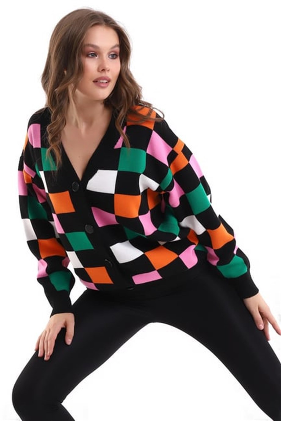Kare Desenli Oversize Triko Hırka 1905 Siyah