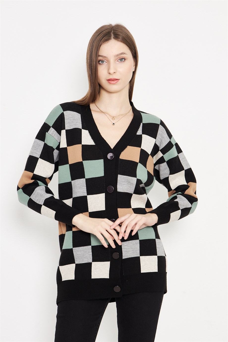 Kare Desenli Oversize Triko Hırka 1905 Siyah Gri