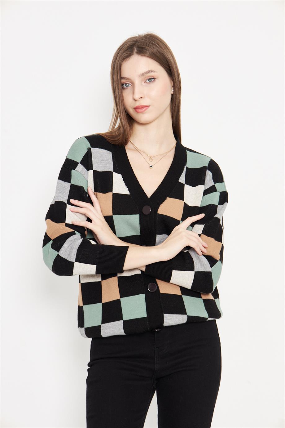 Kare Desenli Oversize Triko Hırka 1905