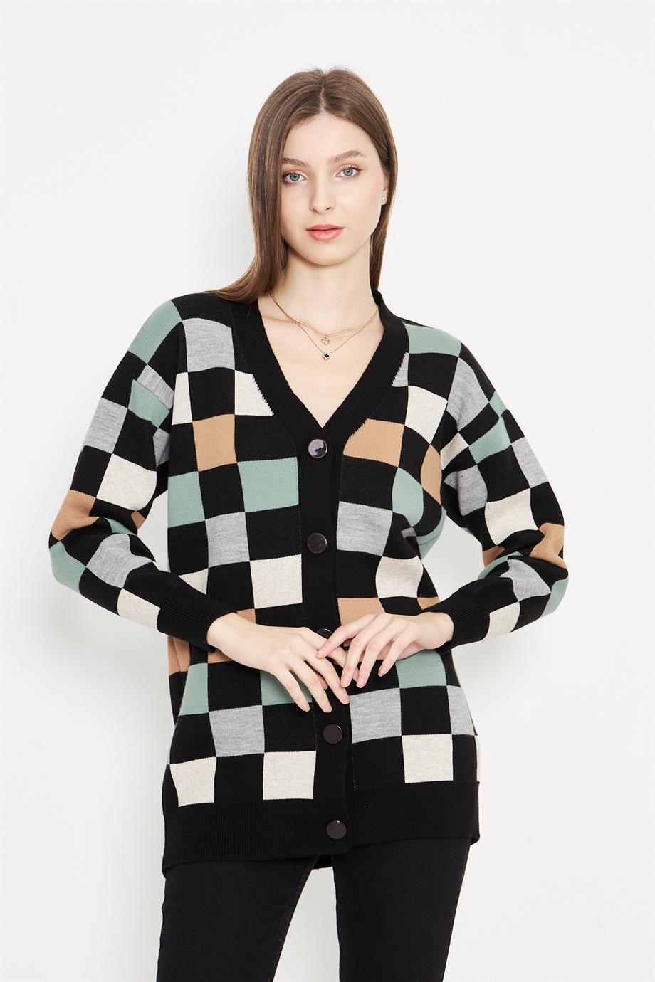 Kare Desenli Oversize Triko Hırka 1905