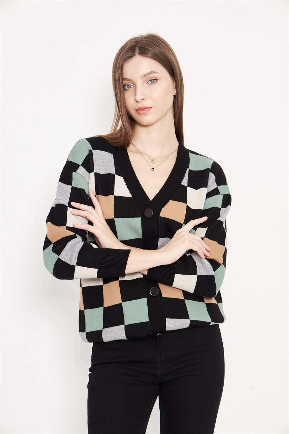 Kare Desenli Oversize Triko Hırka 1905 Siyah Gri