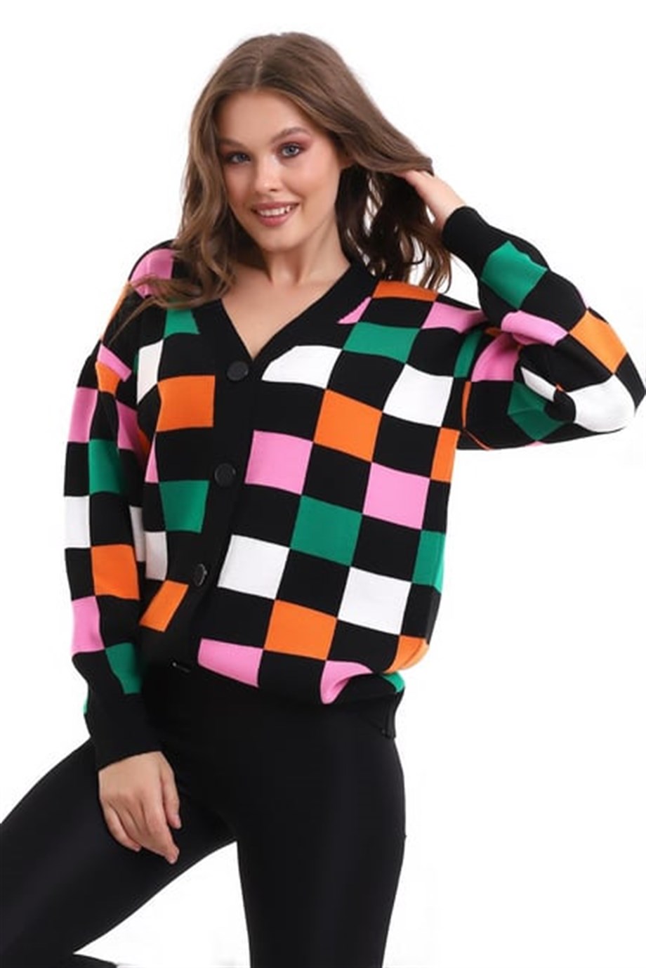 Kare Desenli Oversize Triko Hırka 1905 Siyah