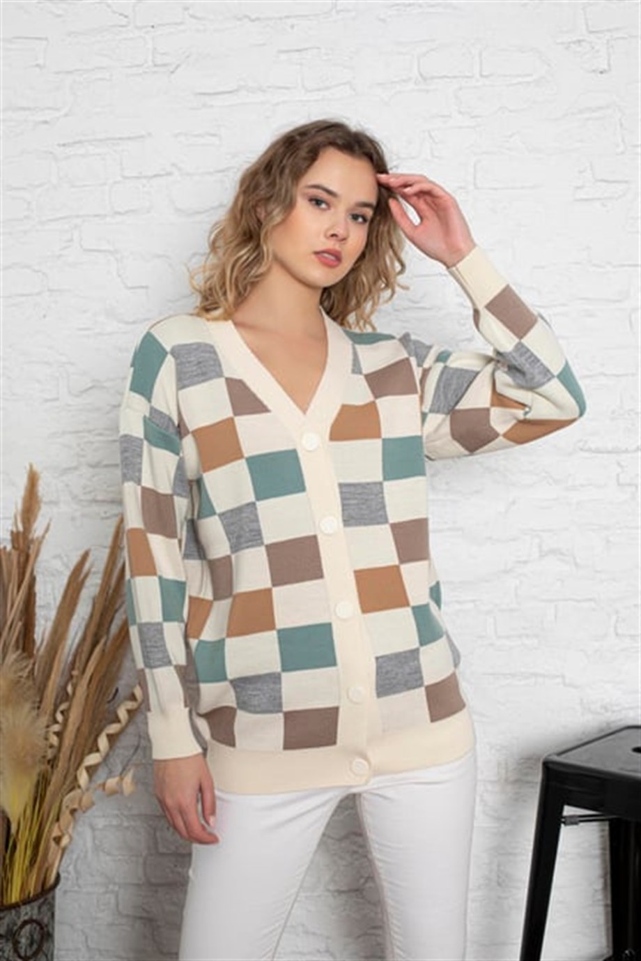 Kare Desenli Oversize Triko Hırka 1905 Krem