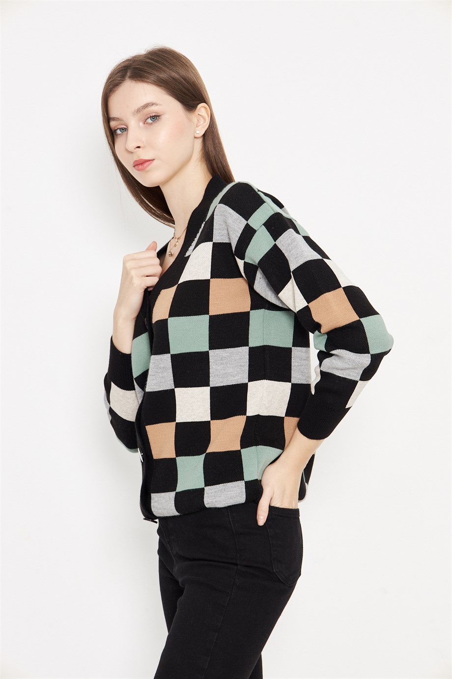 Kare Desenli Oversize Triko Hırka 1905 Siyah Gri