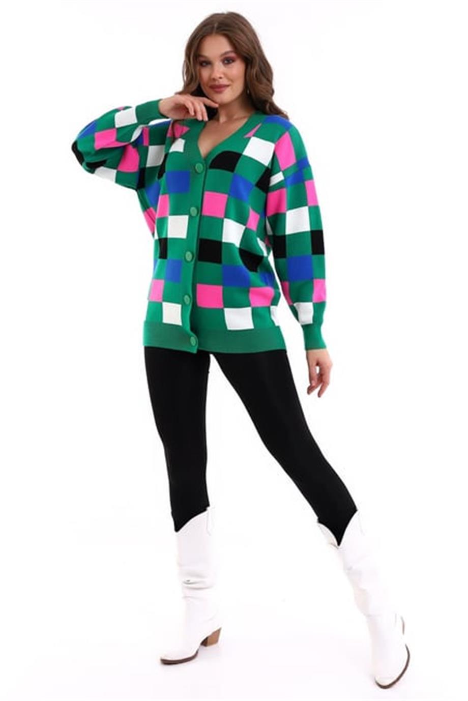 Kare Desenli Oversize Triko Hırka 1905