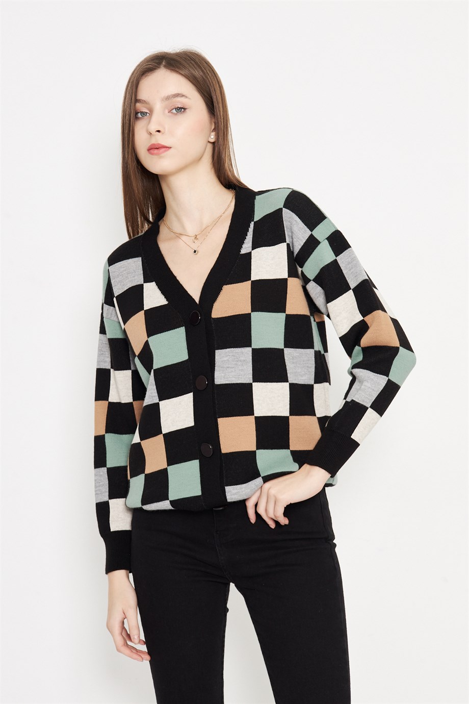 Kare Desenli Oversize Triko Hırka 1905 Siyah Gri