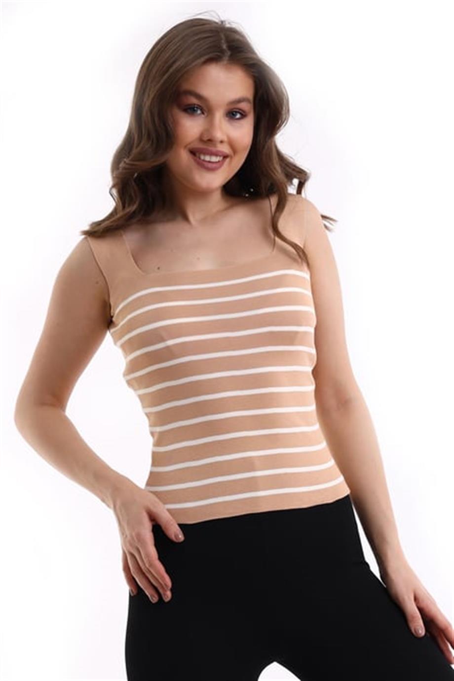 Kare Yaka Çizgili Triko Atlet Triko Bluz 1133