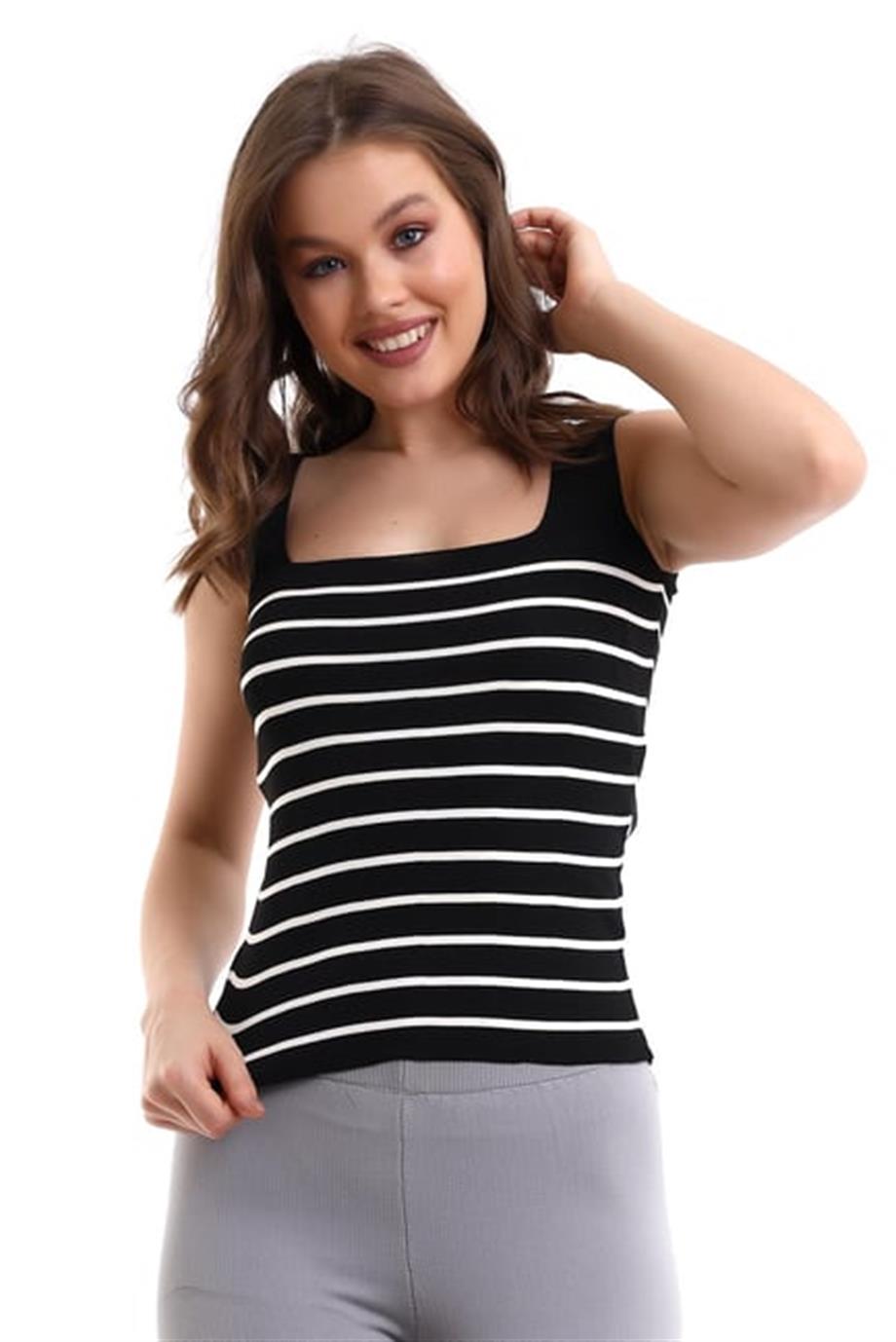 Kare Yaka Çizgili Triko Atlet Triko Bluz 1133