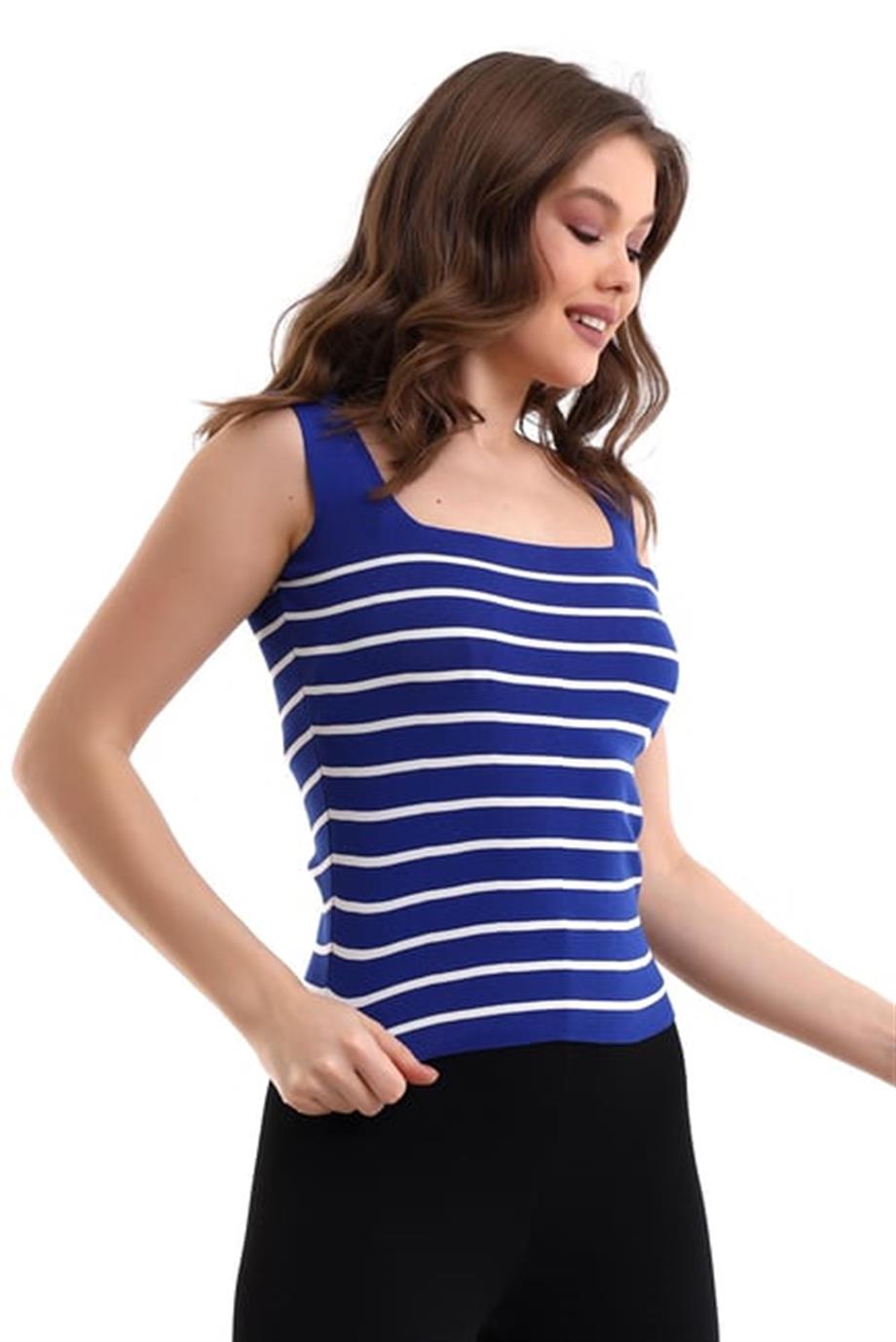 Kare Yaka Çizgili Triko Atlet Triko Bluz 1133