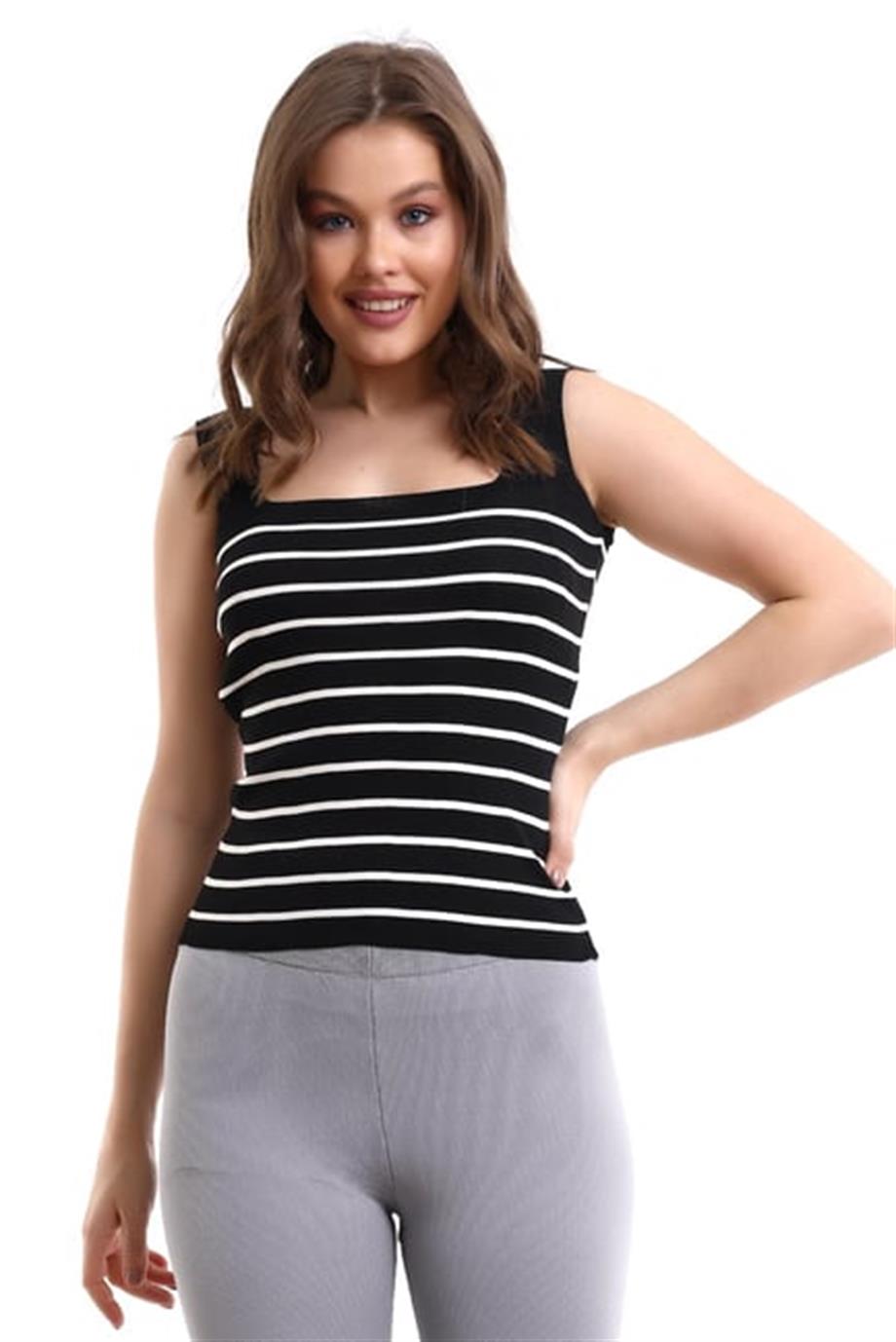 Kare Yaka Çizgili Triko Atlet Triko Bluz 1133