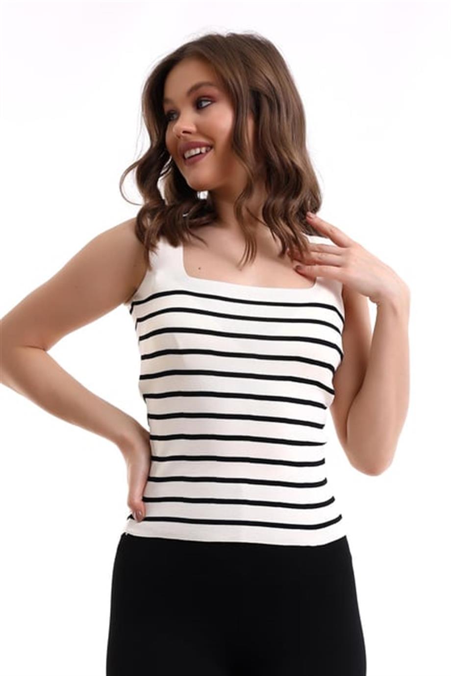 Kare Yaka Çizgili Triko Atlet Triko Bluz 1133